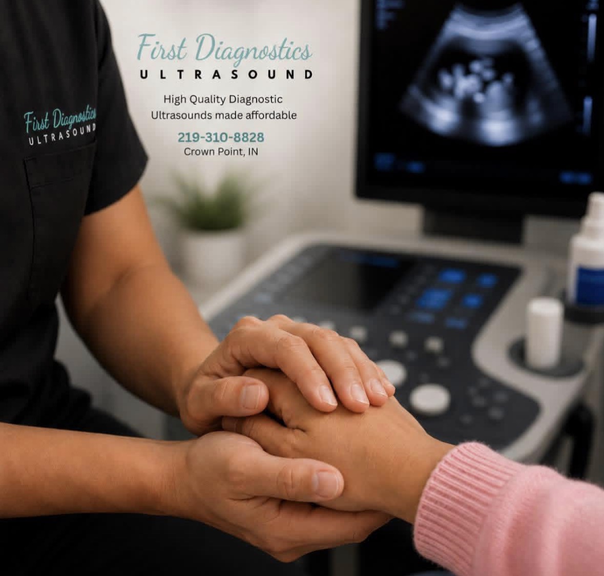 First Diagnostics sonographer reassuring a patient beside an ultrasound machine